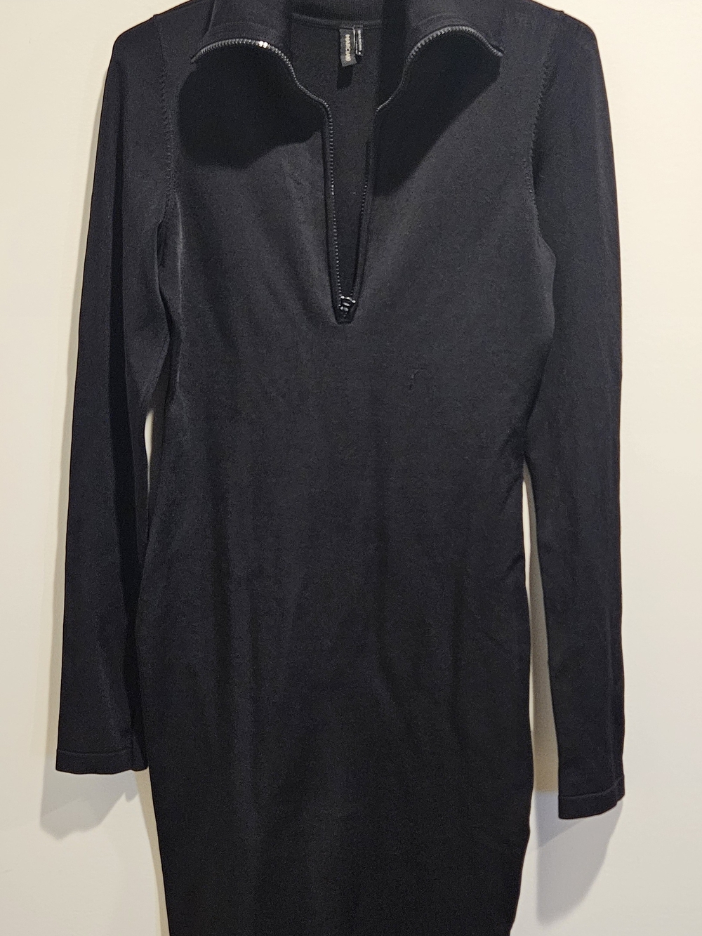MARCIANO Hich Colar Form-Fitting Black Knit Dress with Zip Detail